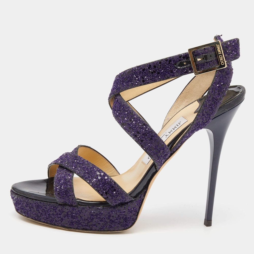 Jimmy Choo Purple Glitter Criss Cross Vamp Platform Sandals Size 38.5